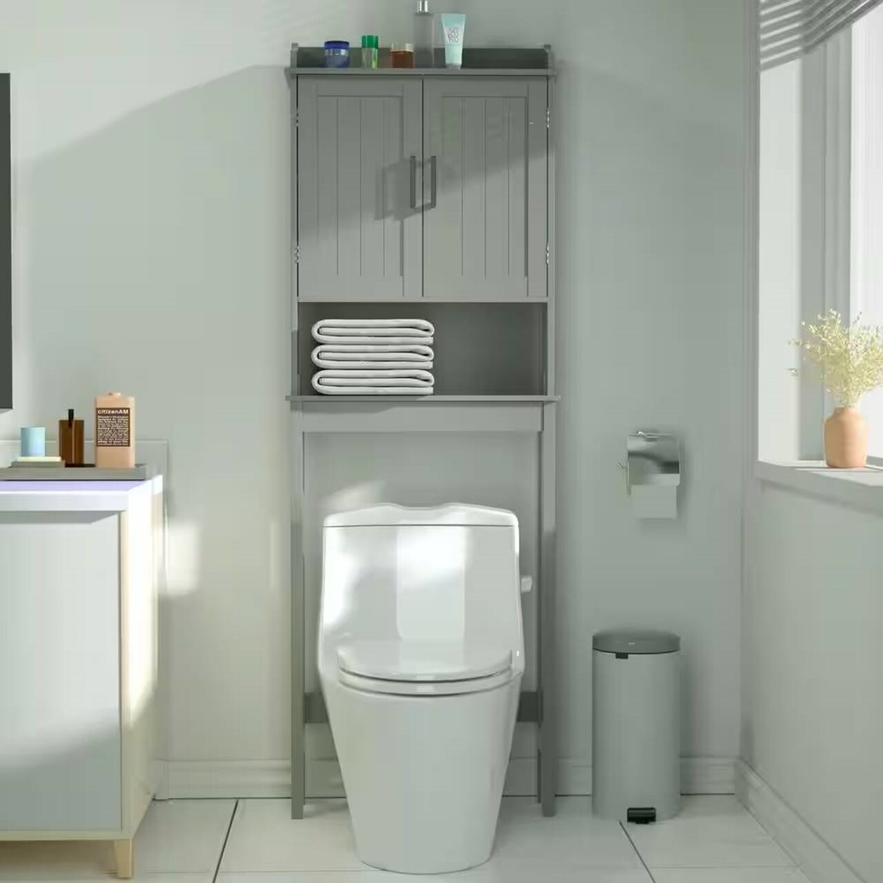 MDF Over-the-Toilet Bathroom Storage Cabinet with Adjustable Shelves and Doors